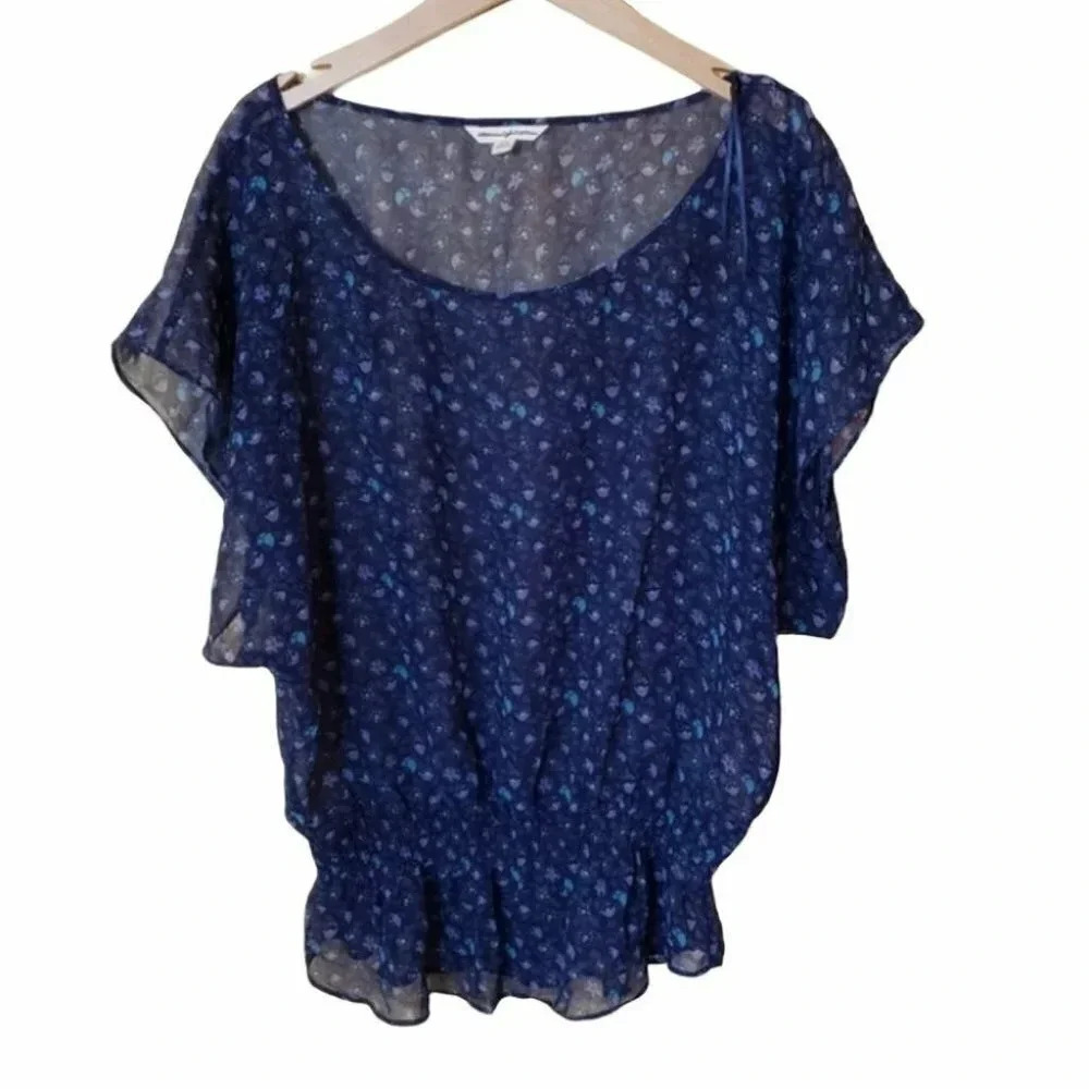 American Eagle Blouse Medium Navy Blue Floral Smocked Waist Dolman Sleeve Boho